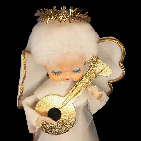 Vintage Cardboard Angel Tree Topper Playing Guitar Mandolin White Gold 9" X 4" - Picture 6 of 11